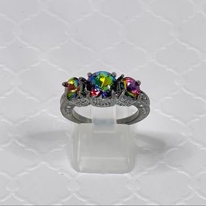 Rainbow Mystic Topaz Ring with Pewter Colored Band, Round Cut, women's size 7.5